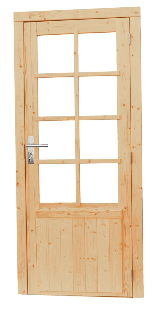 Vuren enkele 8-ruits deur inclusief kozijn, rechtsdraaiend, 90 x 201 cm, onbehandeld.