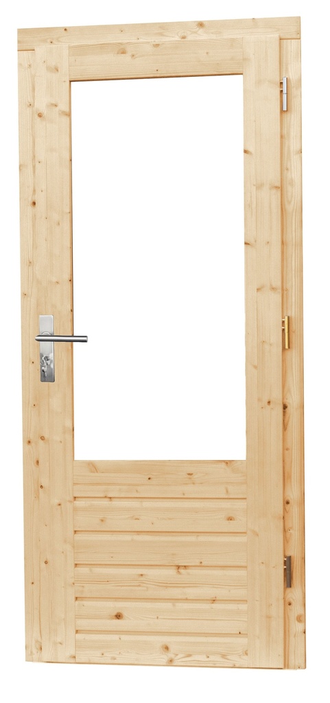 Vuren enkele 1-ruits opdekdeur met 5-puntssluiting en dubbelglas, rechtsdraaiend, 90 x 201 cm, onbehandeld.