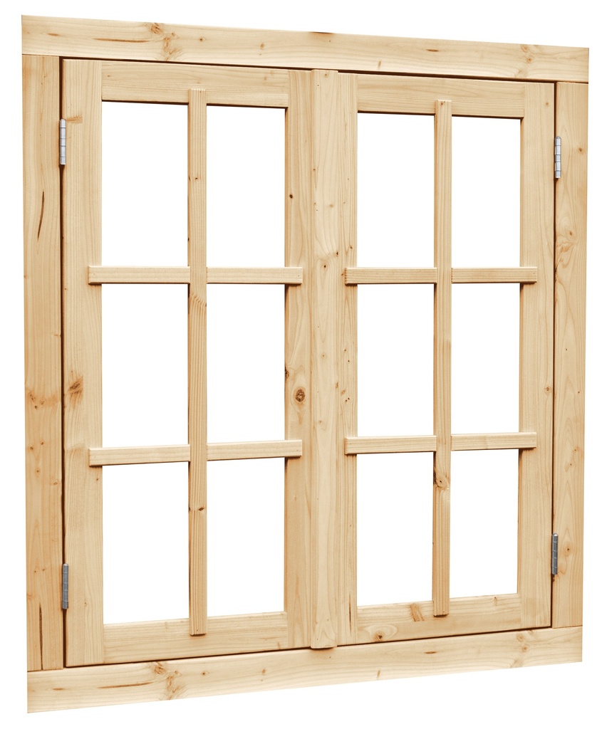 Vuren dubbel uitzetraam met dubbelglas, 112 x 120,5 cm, onbehandeld.