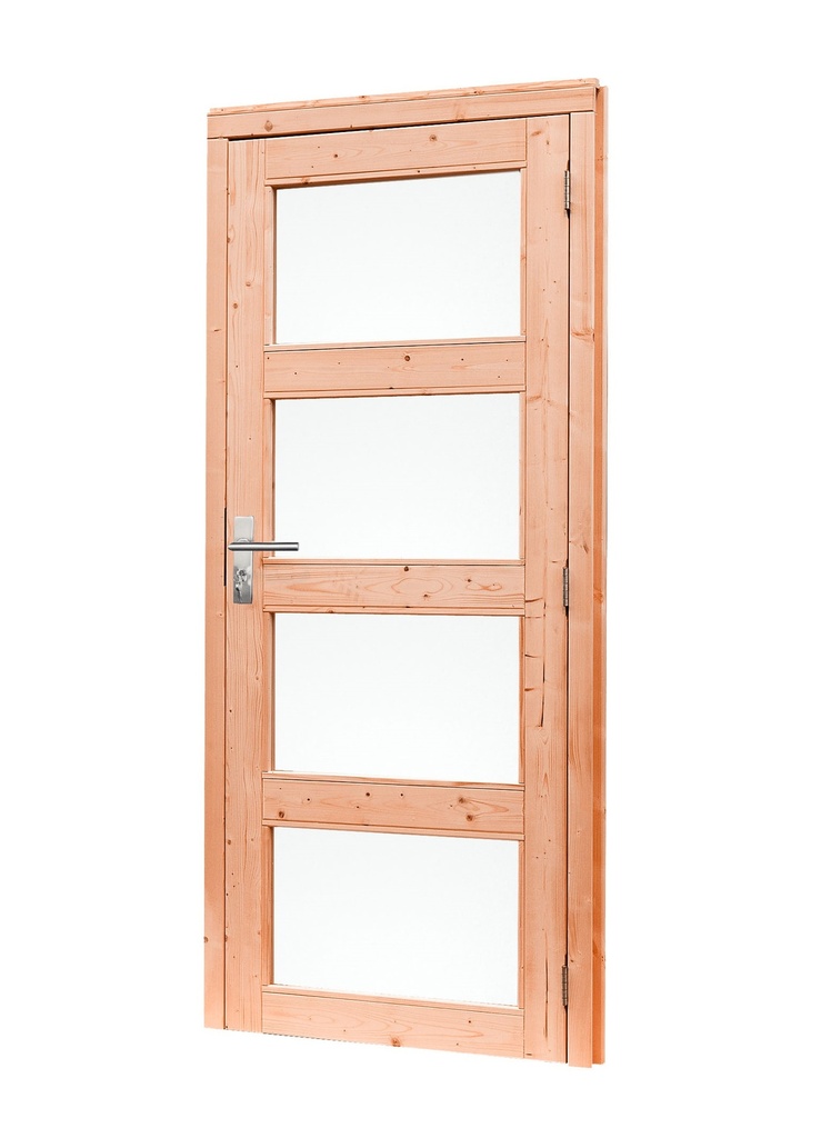 Douglas enkele 4-ruits deur inclusief kozijn, rechtsdraaiend, 90 x 201 cm, onbehandeld.
