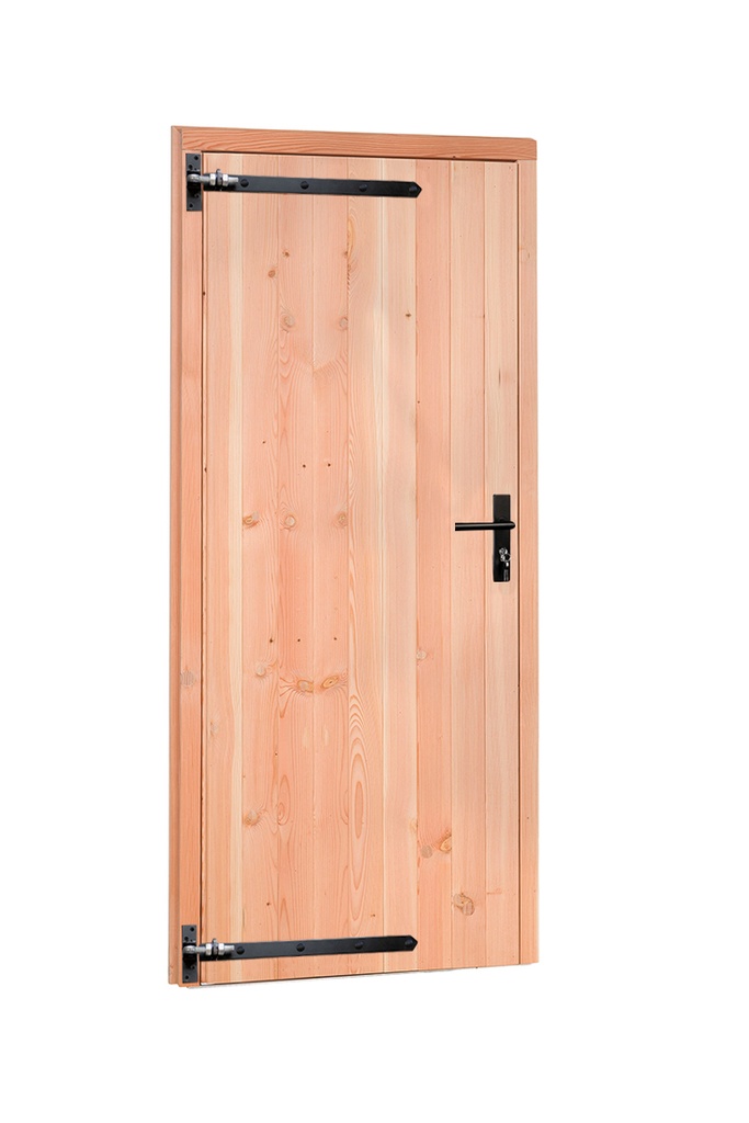 Douglas enkele deur met zwart beslag inclusief kozijn, linksdraaiend, 90 x 201 cm, onbehandeld.