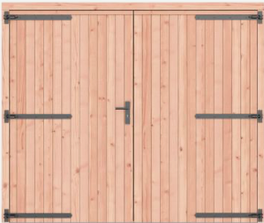 Douglas dichte dubbele deur, zwarte hengen, zwart beslag, 250x209 cm, onbehandeld.