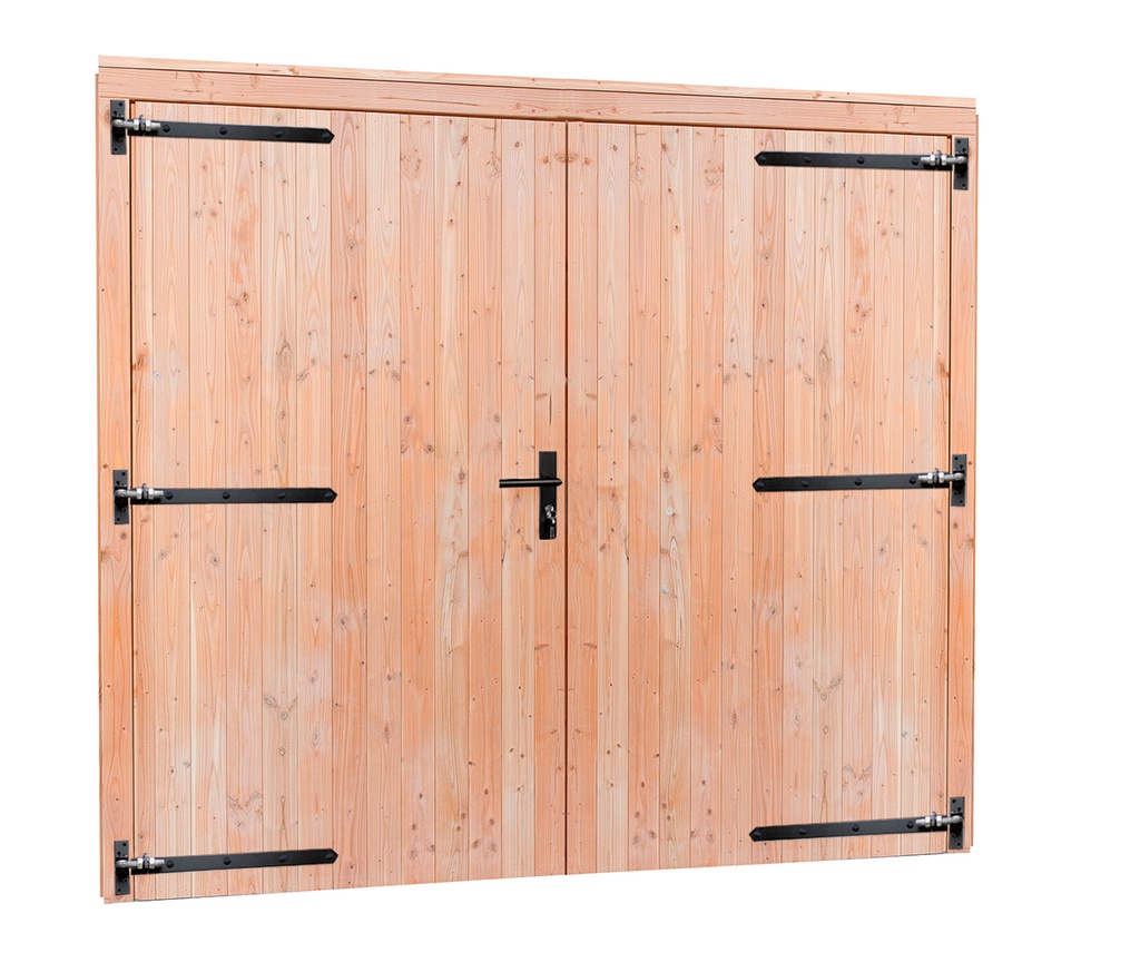 Douglas dubbele deur extra breed met zwart beslag, inclusief kozijn, 255 x 209 cm, kleurloos geïmpregneerd.