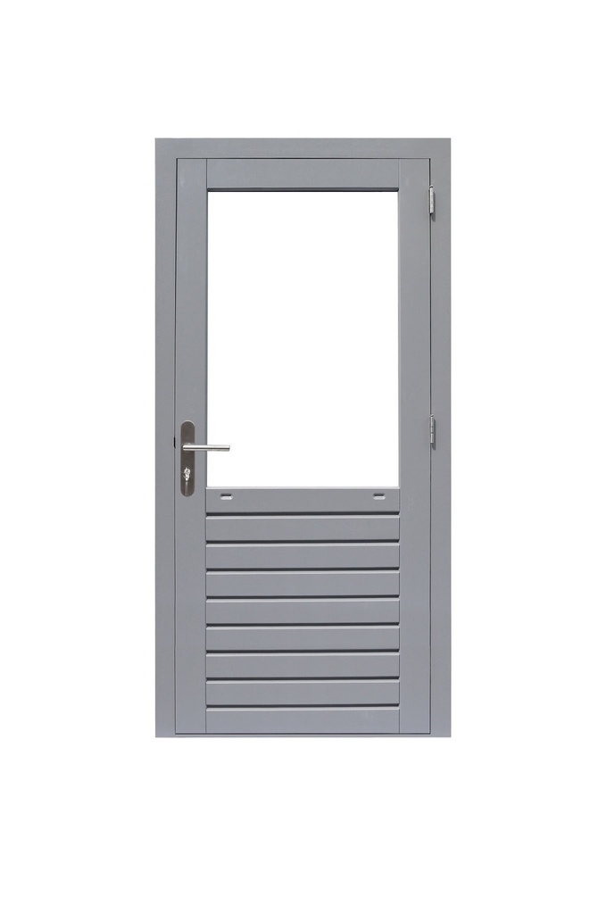 Hardhouten enkele 1-ruits deur Prestige met dubbelglas, rechtsdraaiend, 109 x 221 cm, grijs gegrond.