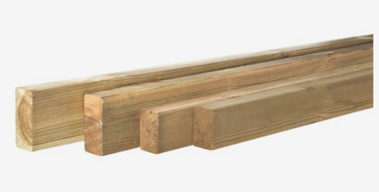 2.8 x 9.5 cm, N.E. vuren geimpregneerd, geschaafd met ronde hoeken