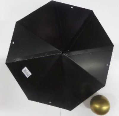 Achthoek met messing bol (�80mm) en schroef, 495x495mm, Diagonaal kap: 495mm, Lengte zijde: 190mm, Hoogte: 115mm, Dikte: 1mm,