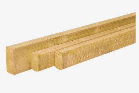 4.5 x 4.5 cm, N.E. geimpregneerd vuren, geschaafd met ronde hoeken