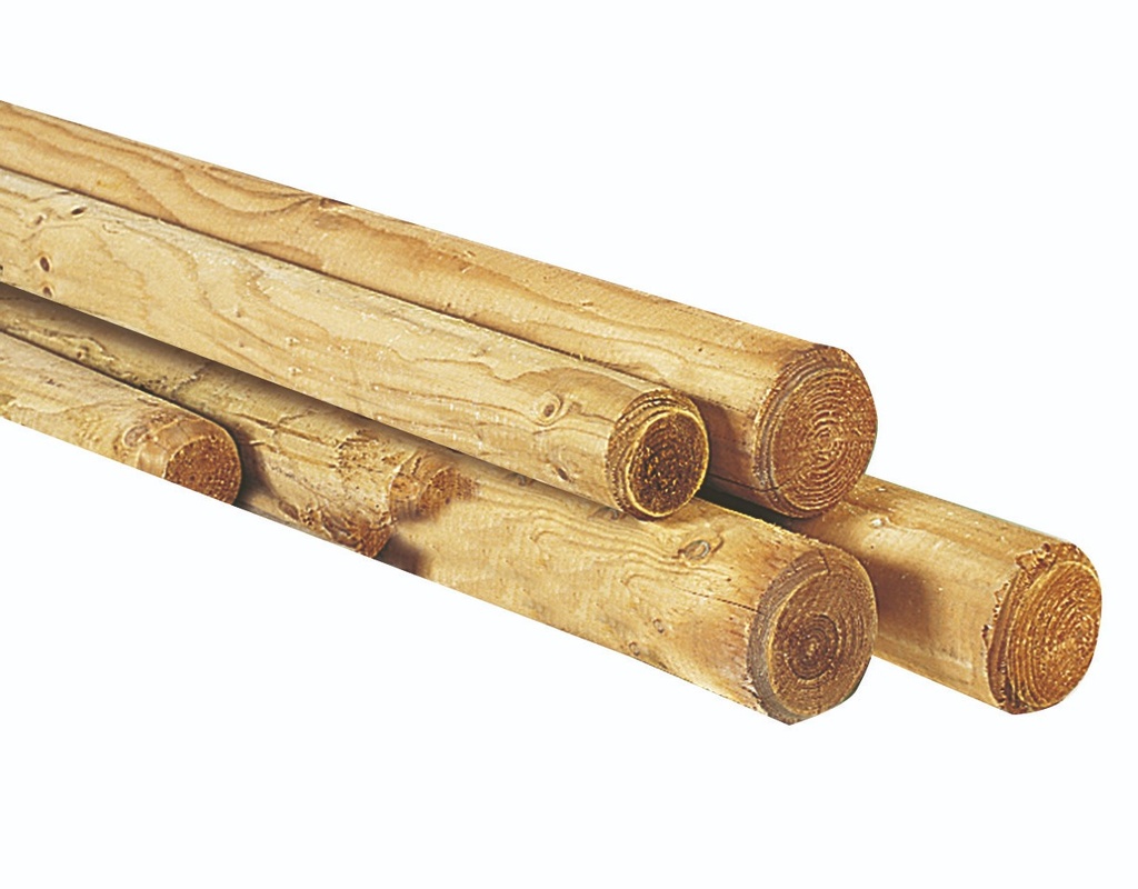 Grenen ronde paal, Ø 8 cm, cilindrisch gefreesd 1 zijde gepunt 1 zijde gekroond, groen geïmpregneerd.