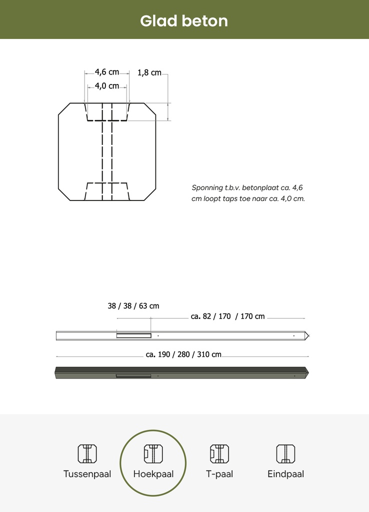 Betonpaal glad met diamantkop 10 x 10 x 310 cm, antraciet ongecoat, hoekpaal t.b.v. 2 betonplaten.