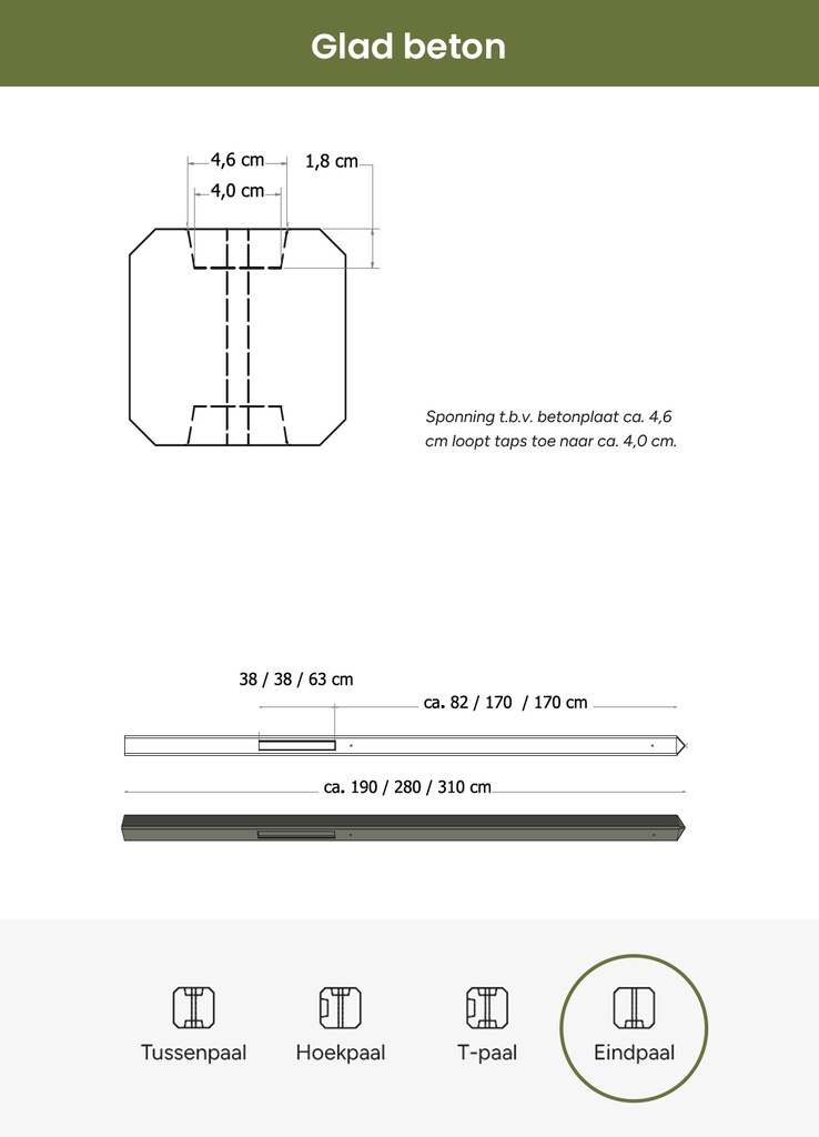 Betonpaal glad met diamantkop 10 x 10 x 280 cm, grijs ongecoat, eindpaal.