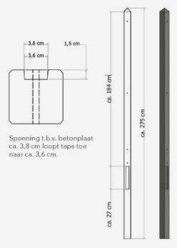 Lichtgewicht betonpaal met diamantkop ongecoat 8,5x8,5x275 cm, eindpaal, antraciet.