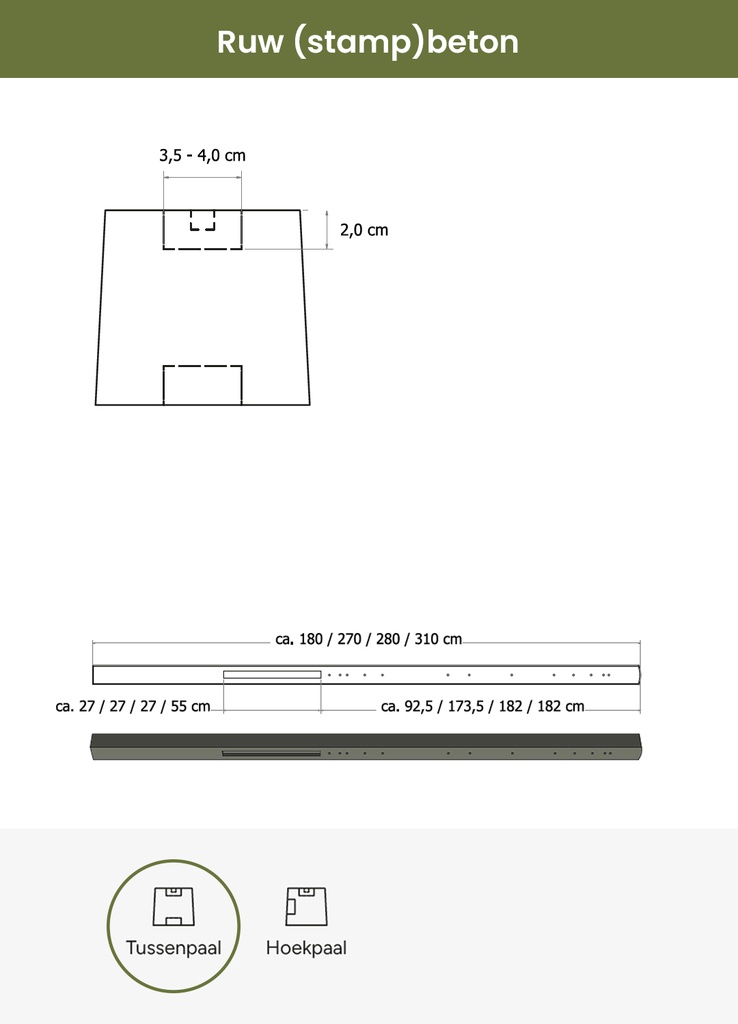 Betonpaal stampbeton 10 x 10 x 180 cm, grijs tussenpaal t.b.v. scherm 90 cm hoog.