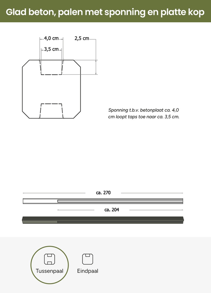 Betonpaal glad met vellingkant, v.z.v. sleuf, 10 x 10 x 270 cm, antraciet, ongecoat, tussenpaal.