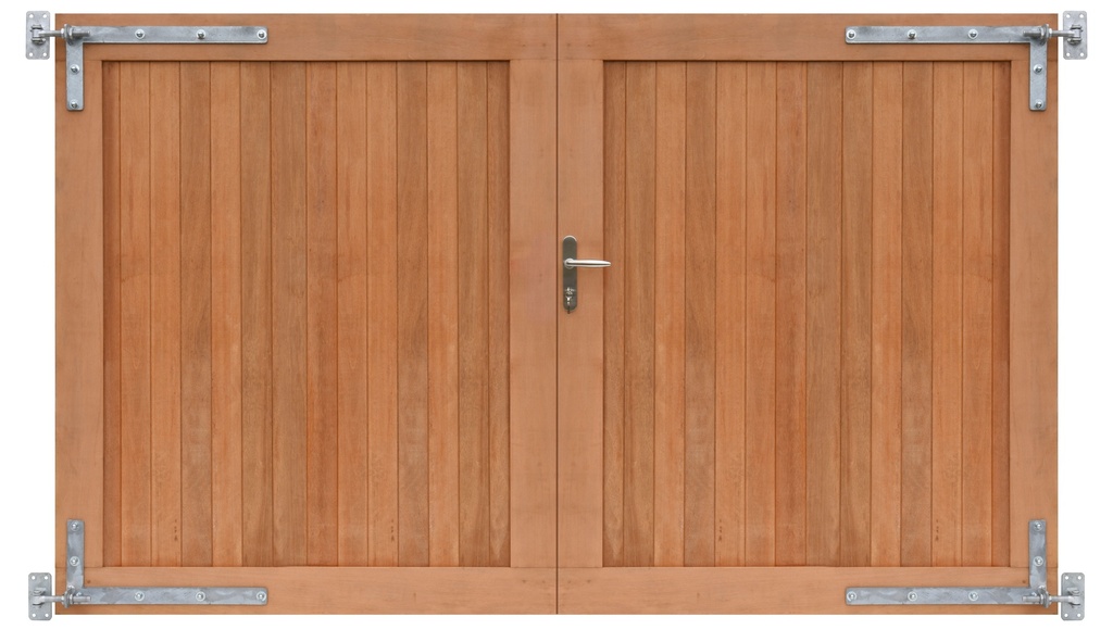 Hardhouten dubbele toegangspoort, verticaal, 300 x 180 cm. Incl. beslag.