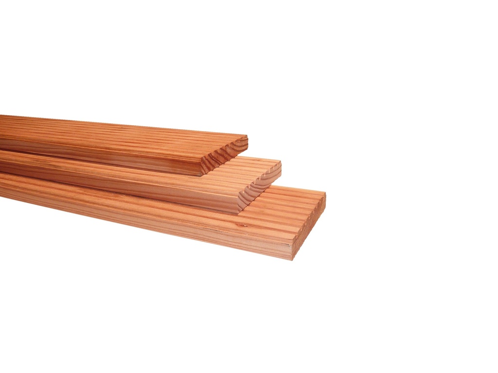 Douglas geschaafd dekdeel, 1 zijde grof, 1 zijde fijn profiel, 2,4 x 13,8 x 500 cm, onbehandeld.