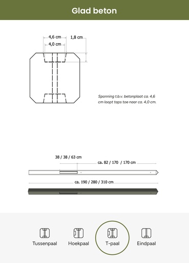 [W13247] Betonpaal glad met diamantkop 10 x 10 x 280 cm, antraciet ongecoat, T-paal.