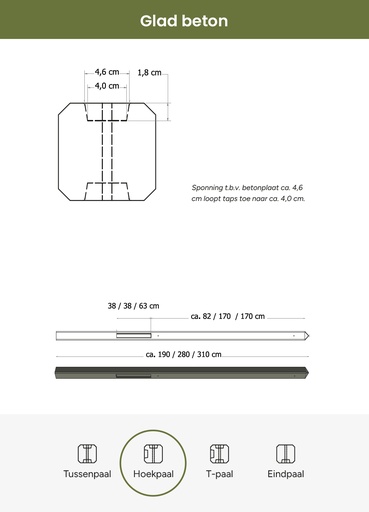 [W13413] Betonpaal glad met diamantkop 10 x 10 x 280 cm, grijs ongecoat, hoekpaal.