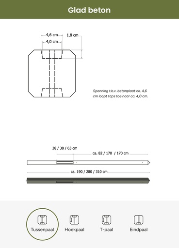 [1022801] Betonpaal glad met diamantkop 10 x 10 x 310 cm, antraciet gecoat, tussenpaal t.b.v. 2 betonplaten.