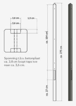 [1022600] Lichtgewicht betonpaal met diamantkop ongecoat 8,5x8,5x275 cm, tussenpaal, antraciet.