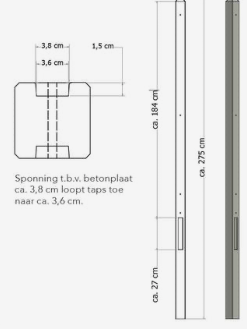 [1022601] Lichtgewicht betonpaal met diamantkop ongecoat 8,5x8,5x275 cm, tussenpaal, grijs.