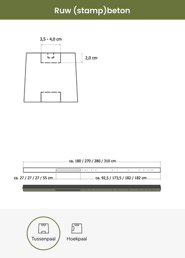 [W13015] Betonpaal stampbeton 10 x 10 x 280 cm, grijs tussenpaal t.b.v. recht scherm.