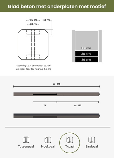 [W13285] Betonpaal met diamantkop t.b.v. betonplaten met motief 10 x 10 x 275 cm, antraciet zonder coating T-paal.
