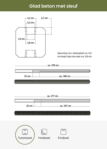 [W13045] Betonpaal met sleuf en diamant kop t.b.v. schutting 11,5 x 11,5 x 278 cm, grijs tussenpaal, ongecoat.