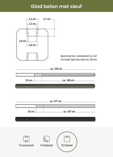 [W13050] Betonpaal met sleuf en diamant kop t.b.v. schutting 11,5 x 11,5 x 278 cm, grijs eindpaal, ongecoat.