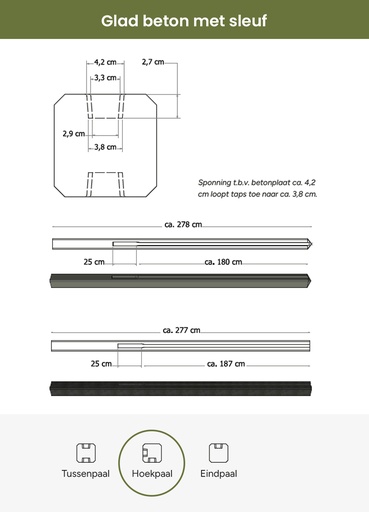 [W13055] Betonpaal met sleuf en diamant kop t.b.v. schutting 11,5 x 11,5 x 278 cm, grijs hoekpaal, ongecoat.