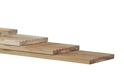 [W06515] Grenen enkelzijdig geprofileerd dekdeel, 2,8 x 14,5 x 400 cm, groen geïmpregneerd.