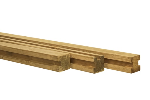 [W07035] Grenen sleufpaal 8,8 x 8,8 x 270 cm, t.b.v. 28 mm profielplanken, tussenpaal, groen geïmpregneerd.