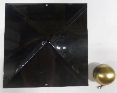 [THK-01] Vierkant met messing bol (�80mm) en schroef, 350x350mm, Diagonaal kap: 495mm, Lengte zijde: 350mm, Hoogte: 115mm, Dikte: 1mm,